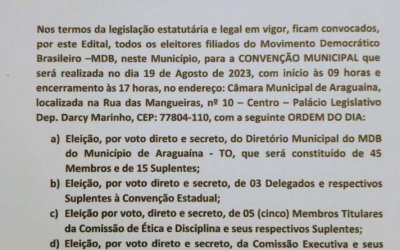 MDB de Araguaína tem convenção marcada para  19 de Agosto