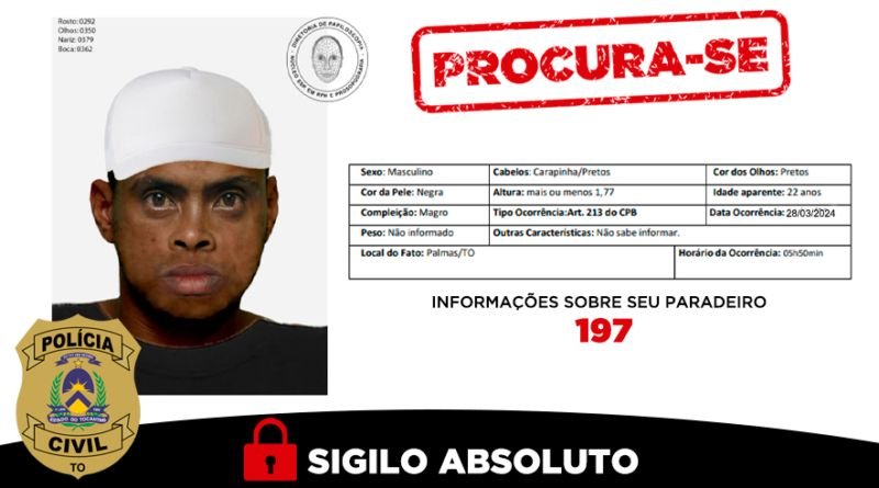PolÃcia Civil divulga retrato falado de suspeito investigado por crime de violência sexual em AraguaÃna
