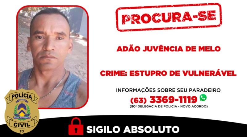 Homem investigado por estupro de vulnerável é procurado pela Polícia Civil do Tocantins