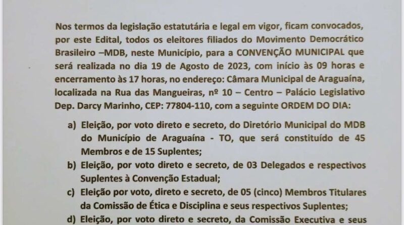 MDB de Araguaína tem convenção marcada para  19 de Agosto